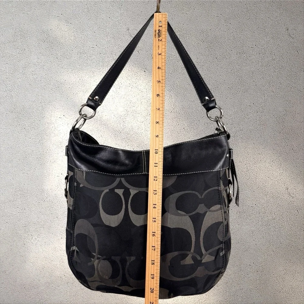 Coach Zoe Signature Hobo Bag Black Gray Monogram Canvas Leather Trim F14710